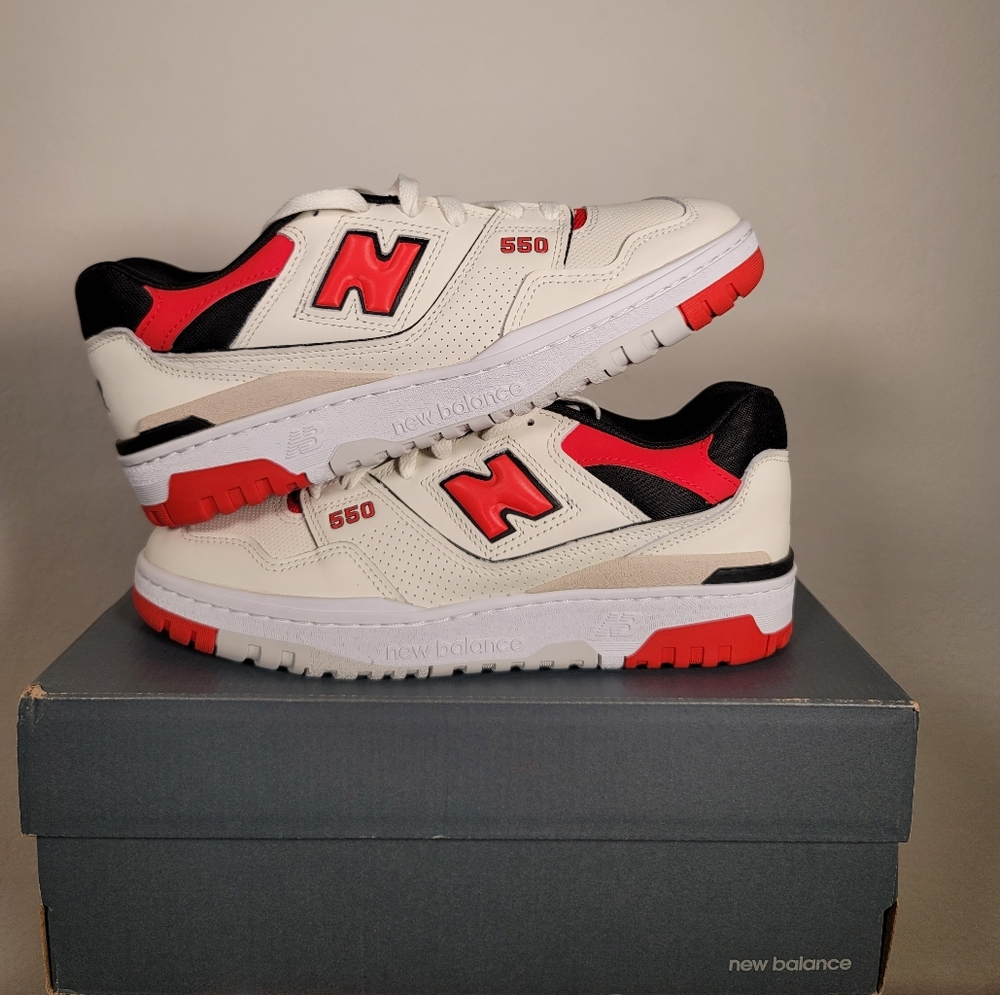 New Balance 550 White and Red Athletic Shoes